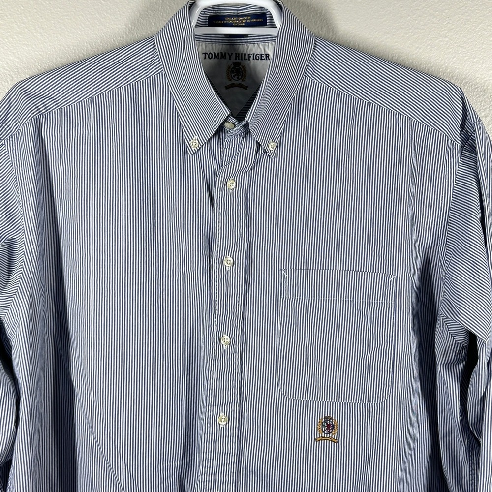 Tommy Hilfiger Mens Blue White Pinstripe Button Down Shirt Crest Logo Cotton XL